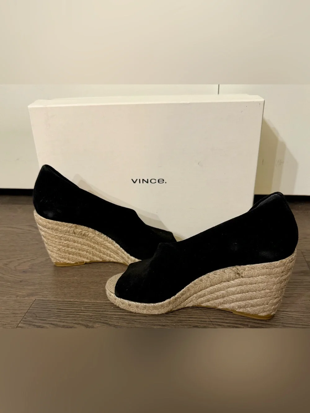 Vince Black Suede Espadrille Wedge Sandals. NWOT